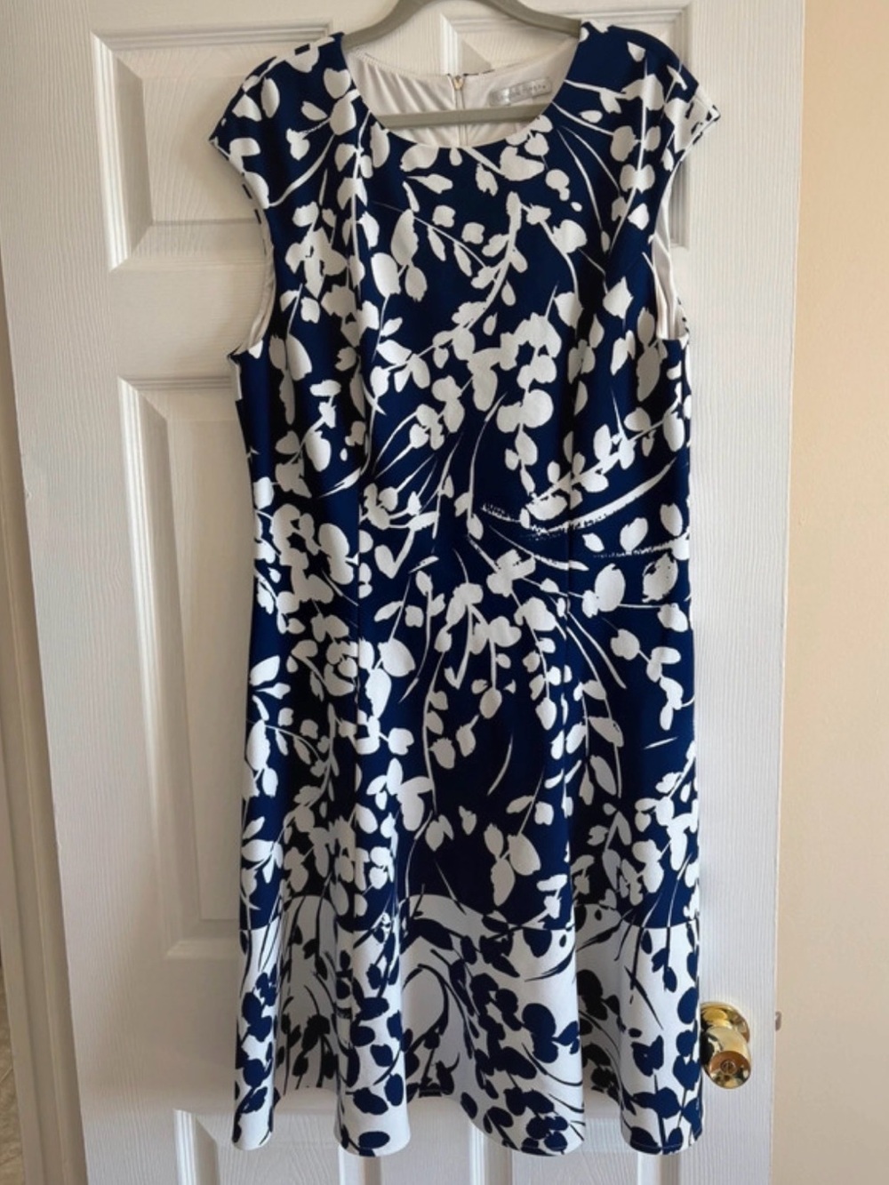 London Times Navy and White Floral Fit-and-Flare Dress
